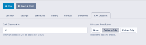 CAA Settings to override the default discount in the Restaurant Settings page.