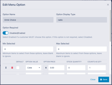 Menu Option Radio Settings for Item