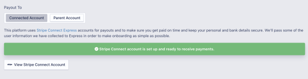 The payouts panel with your Stripe Connect account successfully linked.