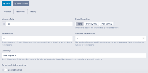 Coupon restrictions tab screen shot