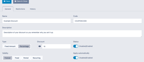 Screenshot of the Coupon General Tab