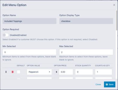 Menu Option Checkbox Settings for Item