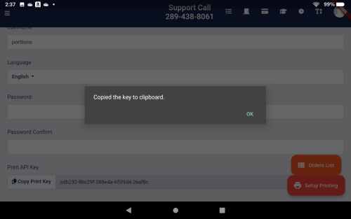 Confirmation of Print API Key Copied