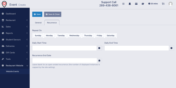 Screenshot of the weekly recurring event settings for Dine Local powered websites.